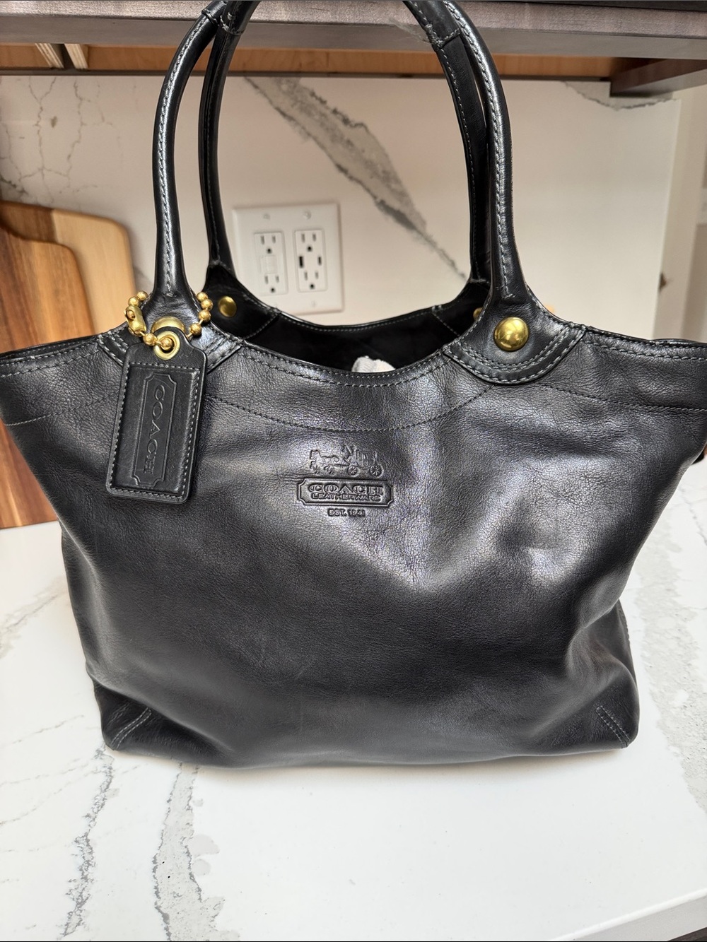Coach Black Leather Tote with Gold-Tone Hardware - Picture 1 of 5